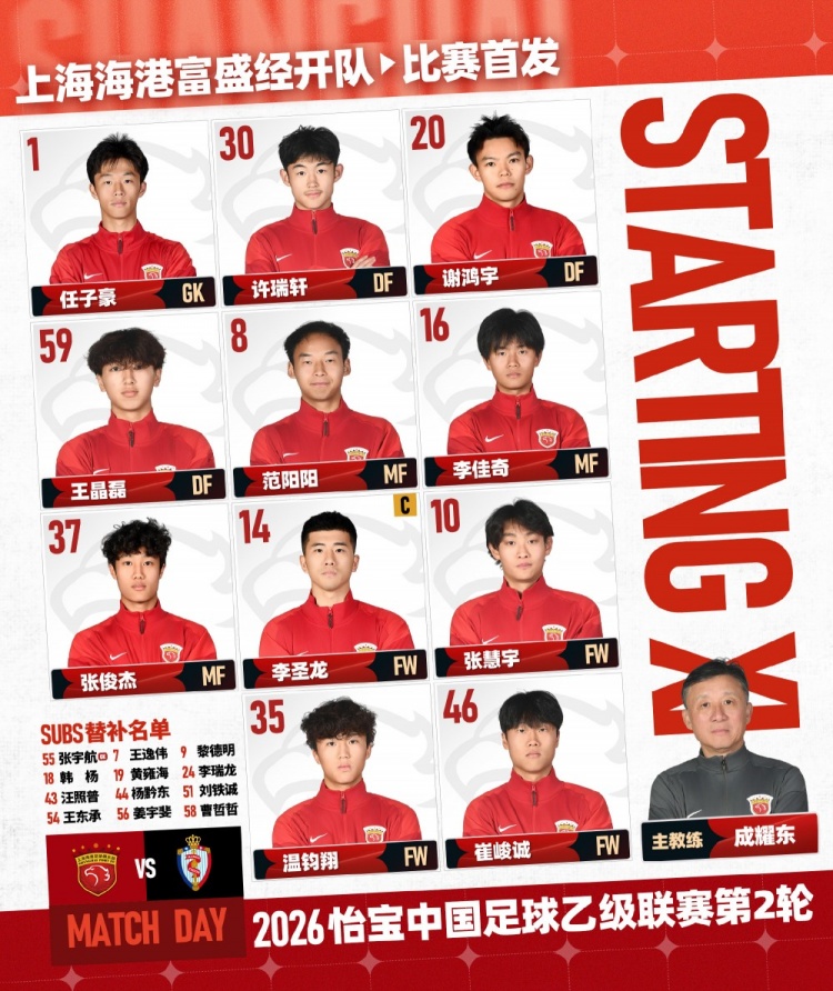 AG体育官方网站-2026中乙联赛第2轮：上海海港B队vs海门珂缔缘，今日首发名单